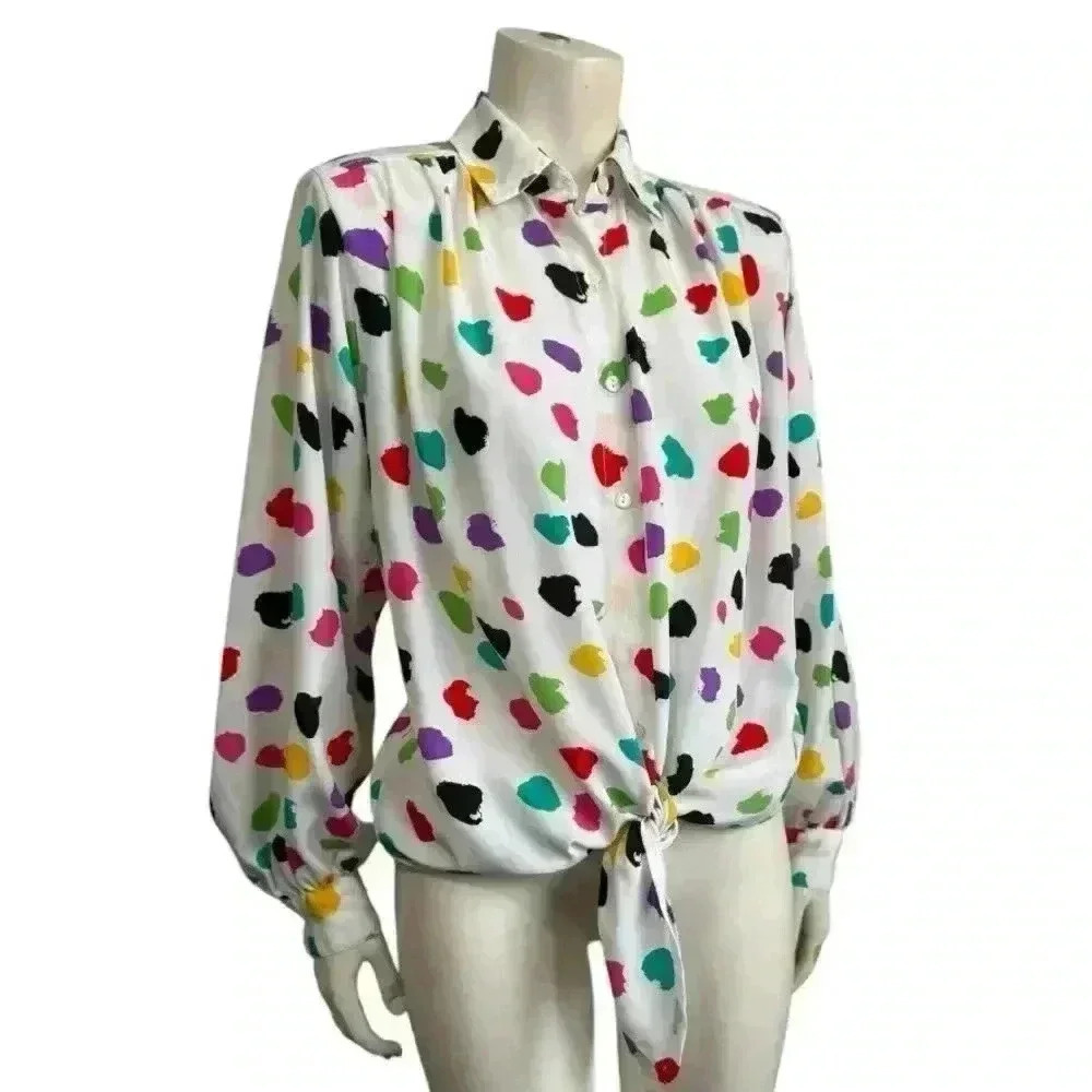 Vintage HELEN FABRIKANT NY Colorful Polka Dot Tie Front Blouse Button Up Small - Picture 2 of 11
